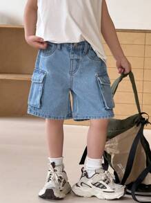 SHEIN 男童新款时尚休闲宽松蓝色牛仔工装短裤儿童春夏装日常服装 - 淺色水洗藍 - 查看 4