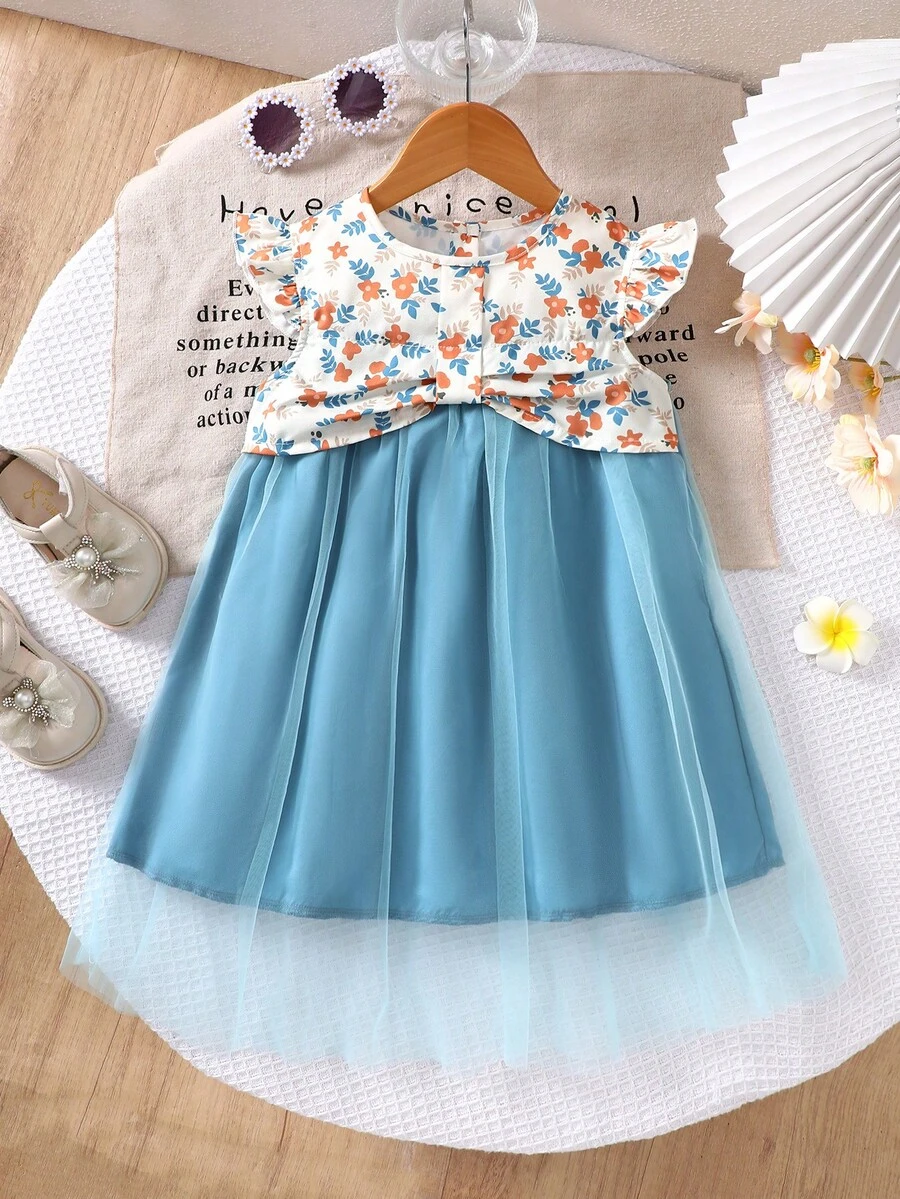 1 Stück Prinzessinenkleid für Kleine Mädchen, Sommerkleid für Kinder mit Blümchen-Muster und Tüll - Verschiedenfarbig - Übersicht 1