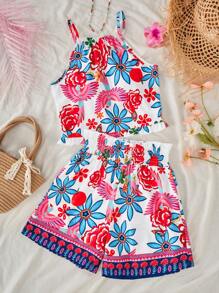 Bộ 2 áo yếm và quần short in hoa cho bé gái tuổi mới lớn - Nhiều màu - Xem 1