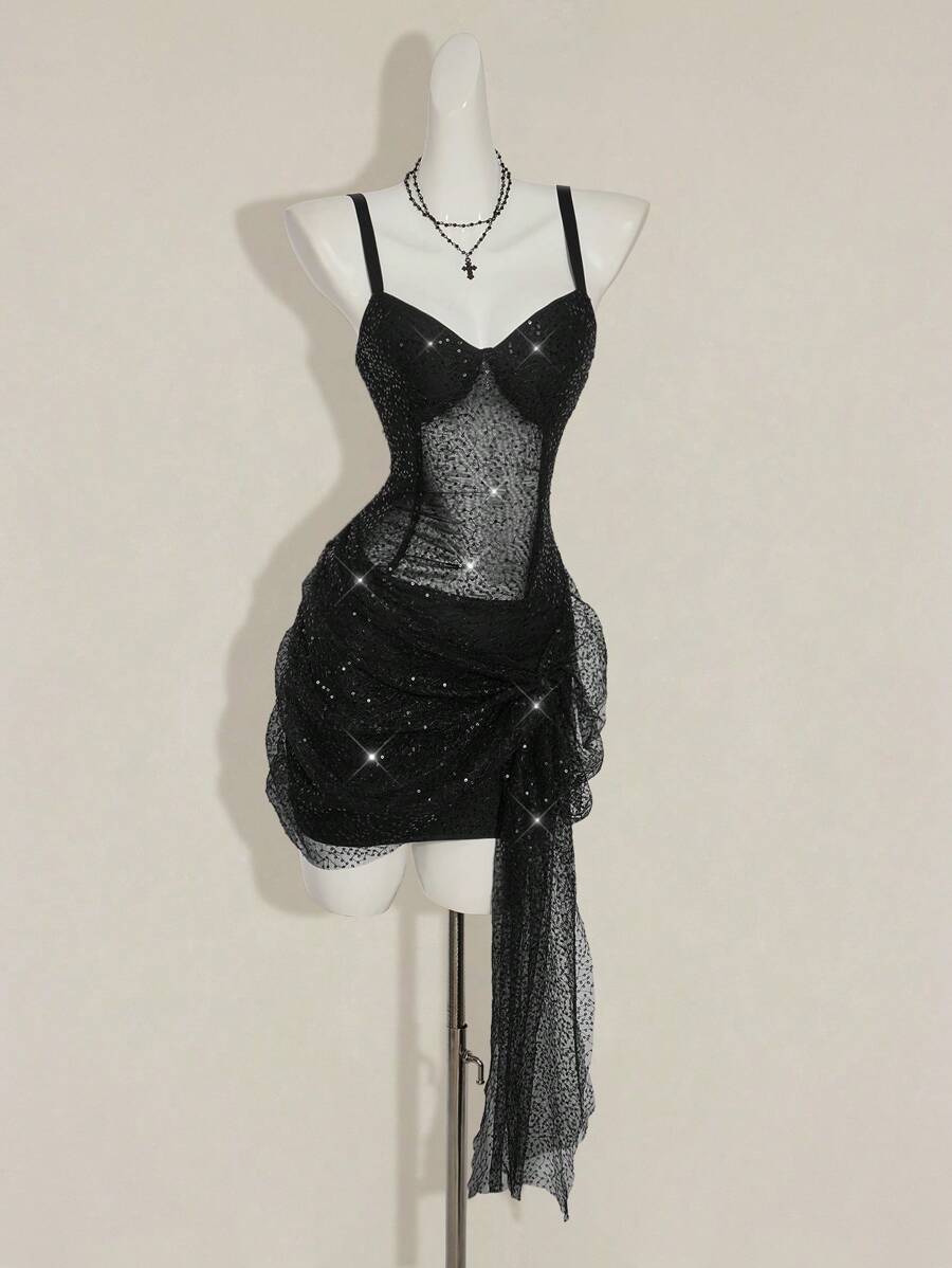 SHEIN ICON Váy ngắn xếp nếp lấp lánh hở một bên vai Y2K Party Club Going Out - màu đen - Xem 1