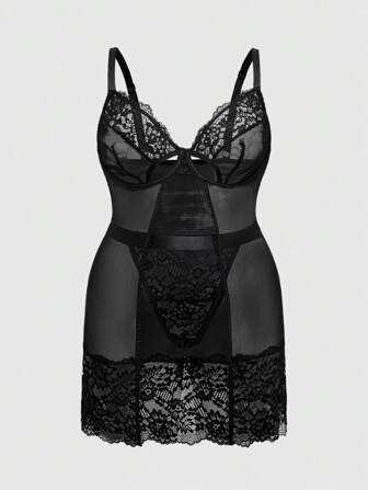 Goth Conjunto lencero de talla grande con vestido de encaje, tul y aro, junto con tanga