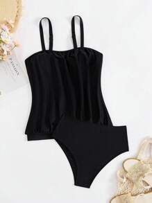 Swim Lushoire 2pcs/Set Solid Color Loose Pleated Padded Triangle Cup Strap Casual Holiday Swimsuit For Summer Beach Vacation