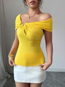 Elenzga Women's Summer T-Shirt, Knitted Fabric, Solid Color Asymmetric Collar, Short Sleeve, Front Button Closure, Pleated Decoration At Sleeve Intersection, Versatile Casual Style - Yellow - View 5