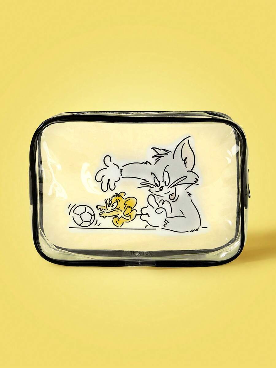 TOM & JERRY X SHEIN Fashionable Cute Cartoon Mouse And Cat Print Transparent Makeup Bag - Black - View 1