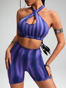 Innovista Innovista Dark Purple Seamless Tie-Dye Activewear Set,Sexy Summer Push-Up Sports Bra & Mesh Shorts,Removable Pads,Tummy Control Sculpting Fit For Gym & Cardio - Multicolor - View 7