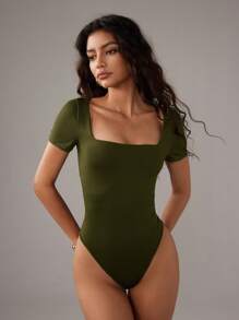 SHEIN Unity Bộ đồ liền thân đơn sắc ôm vừa vặn cổ vuông tay ngắn giản dị dành cho nữ, đa năng cho việc đi lại hàng ngày - xanh quân đội - Xem 3