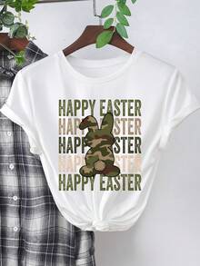 INAWLY 女士字母和卡通兔子印花短袖休闲圆领 T 恤，可作为复活节礼物 - 白色 - 查看 1