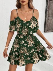 SHEIN Clasi Damen Sommerkleid mit Blumen- und Pflanzen Muster, Off-Shoulder Schnitt, Rüschensaum, Spaghettiträger