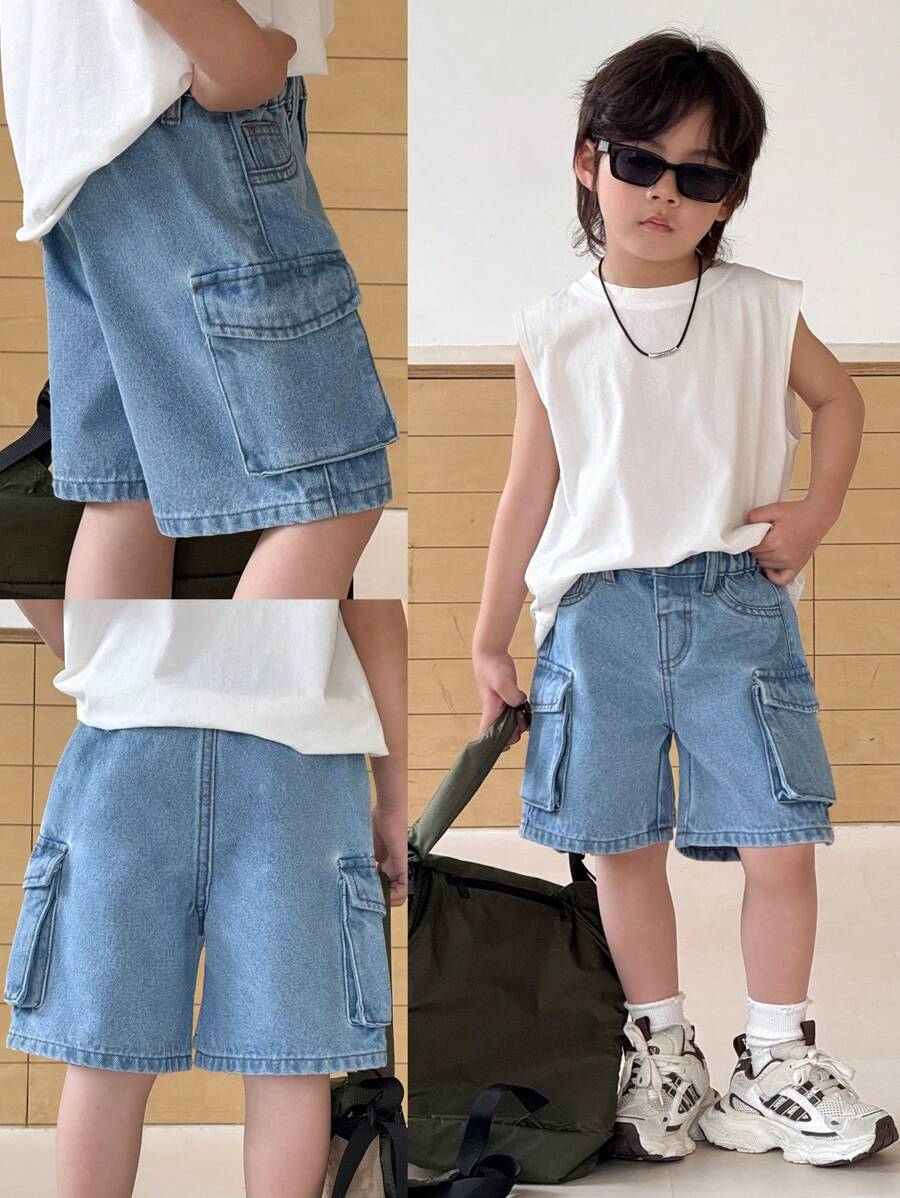 SHEIN 男童新款时尚休闲宽松蓝色牛仔工装短裤儿童春夏装日常服装 - 淺色水洗藍 - 查看 1