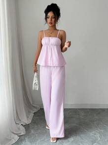 Elenzga Set de 2 piezas de mujer de verano, conjunto casual de camisilla con botones a rayas y pantalones - Rosa - Ver 4