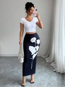 Elenzga Chân váy ôm sát in hoa thanh lịch dành cho nữ, chất liệu mùa hè thu. - màu đen - Xem 3