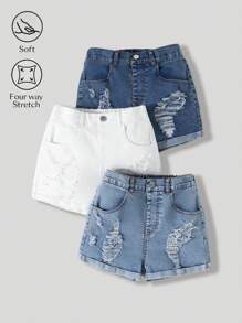 SHEIN Vintaside Kids 3 Pairs Of Girls Washed Multi-Color Ripped Skinny Denim Shorts, Casual Everyday Wear, Simple & Fashion Design, School, Campus, College - Multicolor - View 3
