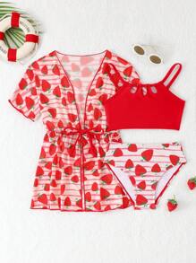Set de 3 piezas de traje de baño con estampado de fresas, incluye traje de baño y cubre para niña, para playa y resort - Multicolor - Ver 1