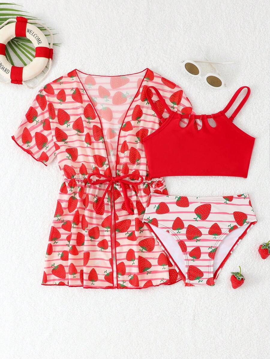 Set de 3 piezas de traje de baño con estampado de fresas, incluye traje de baño y cubre para niña, para playa y resort - Multicolor - Ver 1