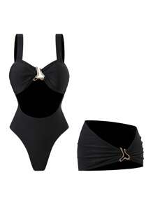 Swim Chiccia 2pcs/Set New Solid Color Hollow Bandeau Thick Strap Swimsuit Scoop Neck Cutout Cover Up Beachwear For Summer Beach Vacation - Black - View 8