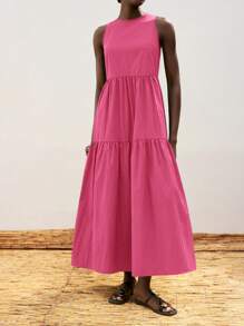 Maija Women's Fuchsia Oversized Pleated Circular Hem Design Casual Loose Fit Comfortable Round Neck Sleeveless Horizontal Splicing Dress, Elegant Resort Boho Beach Maxi Dress - Hot Pink - View 4