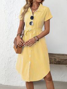 EMERY ROSE 女式节日休闲条纹前扣中长衬衫裙 - 黃色 - 查看 4