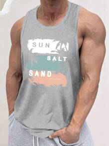 Manfinity Chillmode 时尚休闲年轻度假棕榈树和字母图案印花浅灰色男士背心，适合户外度假、约会、派对必备单品、情侣装、送给男朋友的礼物、夏季 - 淺灰色 - 查看 6