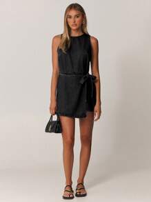 SHEIN Forever 21 女士纯色牛仔背带裤和连体裤，简约时尚，适合夏季 - 黑色 - 查看 4