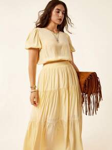 SHEIN LUNE Plus Size Solid Color Round Neck Puff Sleeve Shirt + Cream Yellow A-Line Midi Skirt, Casual Holiday Style Slouchy Casual Style Casual Wear Holiday Style Cream Yellow Two-Piece Suitow Two-Piece Suit Fall Women Clothes School Clothes Country Outfits Women Teacher Outfits For Women Country Outfits Women