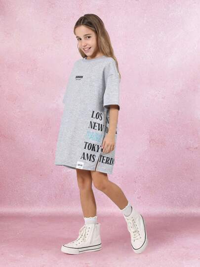 SUMWON 超大号 T 恤连衣裙，带有世界城市印花，长款休闲街头服饰，都市时尚宣言文字印花，秋冬春装