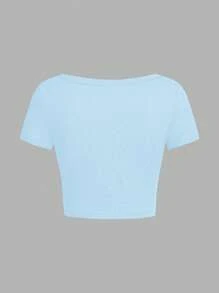 SHEIN EZwear 4件套女士休闲简约圆领/方领短袖短款基本款上衣，黑色，深蓝色，浅蓝色，白色，适合夏季 - 彩色 - 查看 6