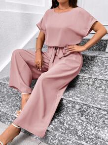 SHEIN Clasi Plus Size Elegant Round Neck Jumpsuit With Waist Belt And Wide Leg