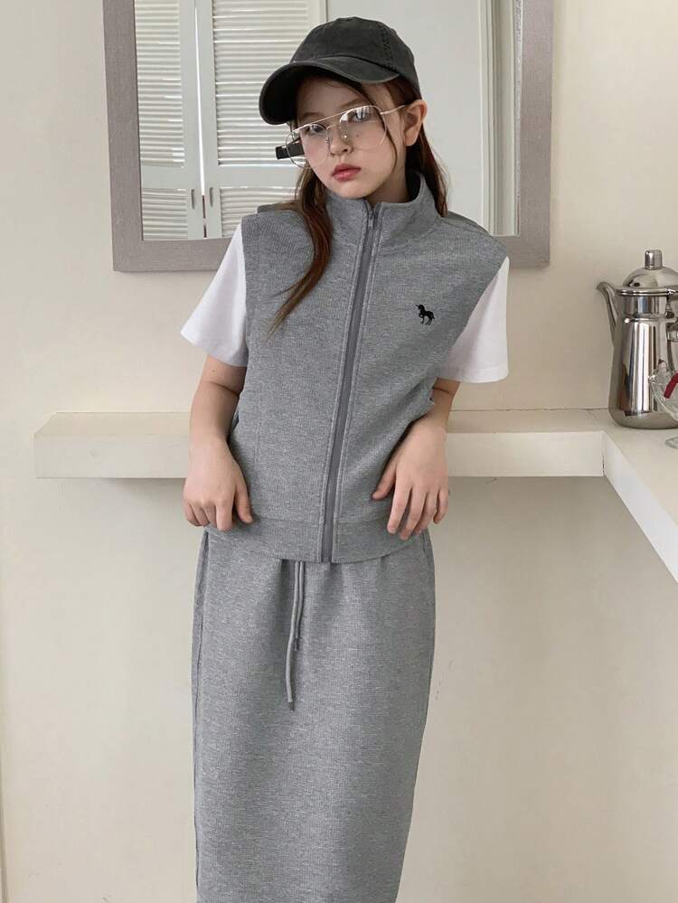 2pcs/Set Tween Girls Casual Versatile Cropped Top And Skirt Set, Summer