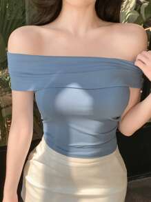 DAZY 1 件优雅露肩褶皱修身上衣/T 恤，短款上衣女式浅蓝色上衣淡蓝色上衣女式露肩短款上衣蓝色抹胸露肩衬衫 - 霧霾藍 - 查看 4