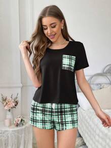 CoupledUp 2pcs Plaid Print Pocket Pajama Set - Plaid Shorts