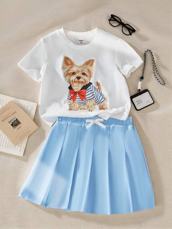 SHEIN Set de 2 piezas de niña con camiseta de manga corta de cuello redondo y minifalda, conjunto de moda de verano