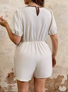 SHEIN Clasi 大码女式节日 X-Design 圆领短袖拼色抽绳腰部优雅连体裤 - 杏色 - 查看 2