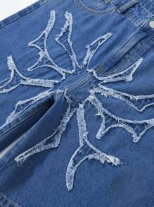 ROMWE MEN Goth Herren Lässig Denim Shorts mit gewaschenem Spinnen-Patch, Halloween