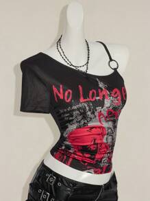 SHEIN ICON Women Y2k Going Out Dragon Print Asymmetrical Neckline Short Sleeve Fashionable T-Shirt,Everyday Wear