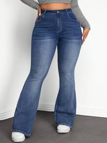 SHEIN Tall CURVE Plus Size Distressed High Waist Skinny Flare Jeans - Blue - View 1