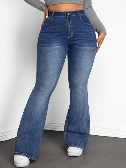SHEIN Tall CURVE Plusstorlek slitna skinny utsvängda jeans med hög midja