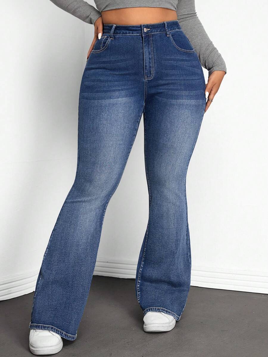 SHEIN Tall CURVE Plus Size Distressed High Waist Skinny Flare Jeans - Blue - View 1