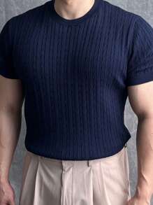 DAZY Jersey de punto de cuello redondo con textura de tela lisa en azul marino para hombre, verano