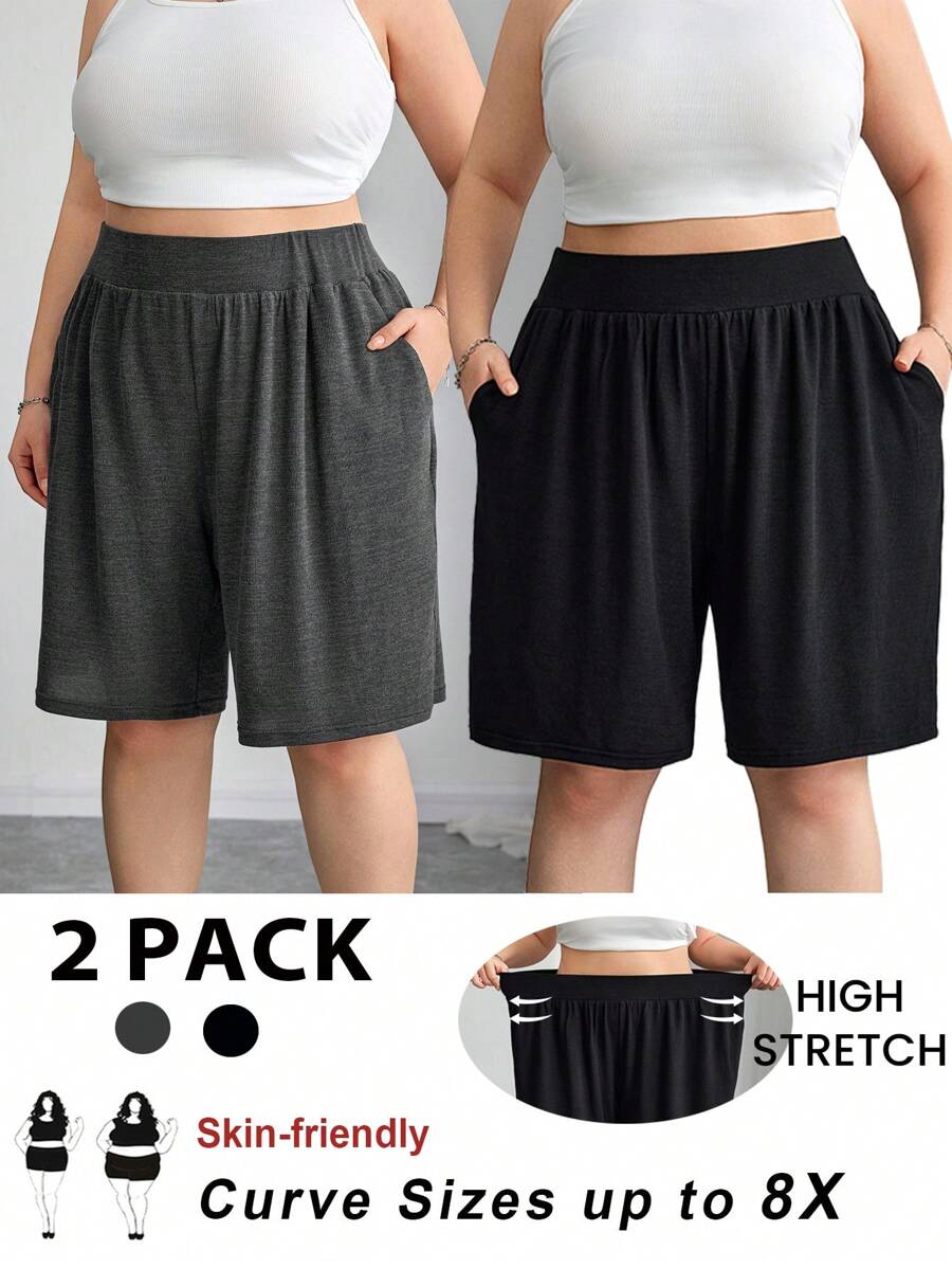 SHEIN CURVE+ 2pcs Plus Size Women Black & Gray Knee-Length Shorts Set, Loose Bermuda Shorts, Casual Vacation & Daily Wear - Multicolor - View 1