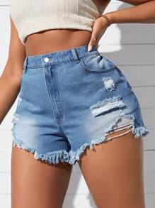 SHEIN SXY Plus Size Women Sexy Distressed High Waist Washed Denim Frayed Hem Shorts