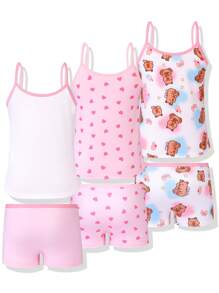 3 件套女孩少女可爱水豚心形印花蝴蝶结装饰甜美优雅水豚粉色系列吊带背心和内裤套装 - 彩色 - 查看 2