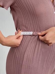 Maternity Solid Color Ruffle Trim Cardigan Short Sleeve Pants Home Outfit Set - Dusty Pink - View 5