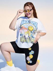 SmileyWorld® | SHEIN 加大码蘑菇字母图案短袖T恤和短裤两件套，夏季休闲 - 黑與白 - 查看 6