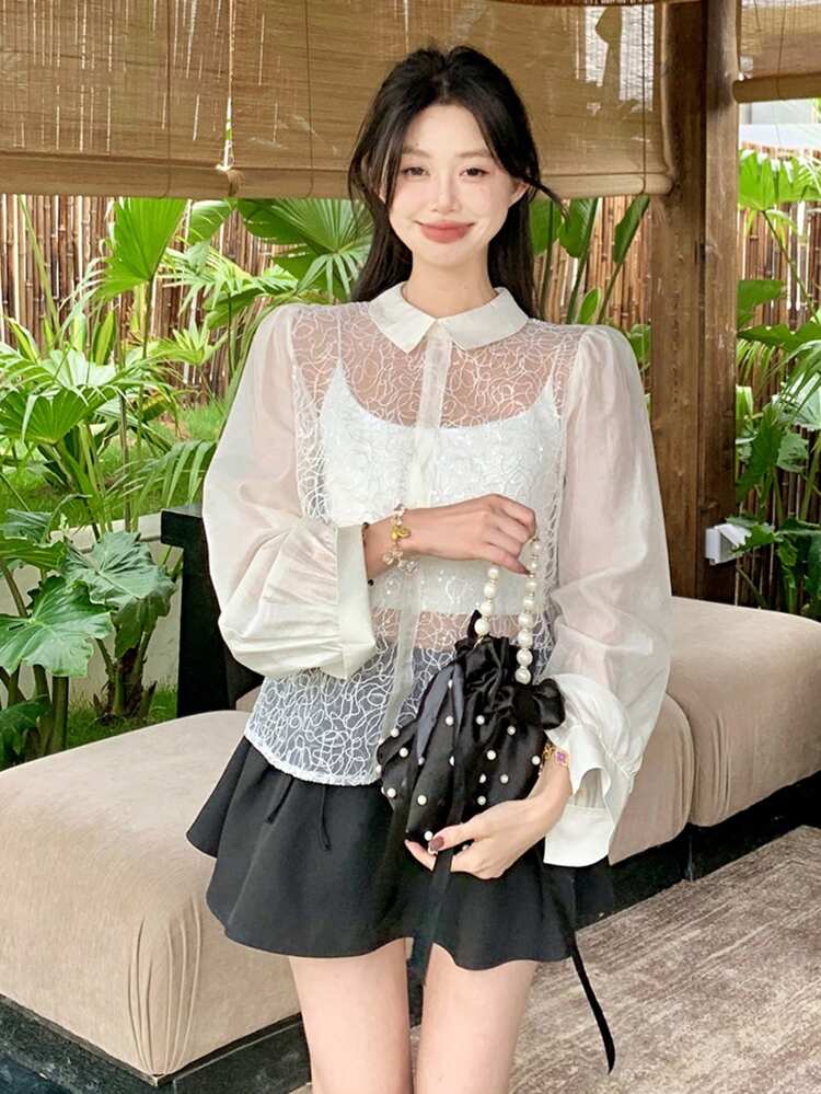 Women's Shiny Collar Semi-Sheer Elegant Resort Style Long Sleeve Shirt, Summer