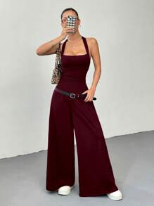 Flirla 女式黑色连体裤休闲度假百搭直筒挂脖连体裤，女式休闲连体裤 1 - 酒紅色 - 查看 4