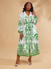 SHEIN SXY Robe chemise imprimée à manches longues élégante et sexy pour femme grande taille, adaptée pour le port quotidien, les mariages, BOHO, bohème, les sorties, les vacances à la plage, les vacances, le bord de mer, le style western, les festivals de musique, les concerts, les fêtes de carnaval, avec des couches riches, les sorties, Ibiza, Nashville, les pauses, modeste, chic, le club