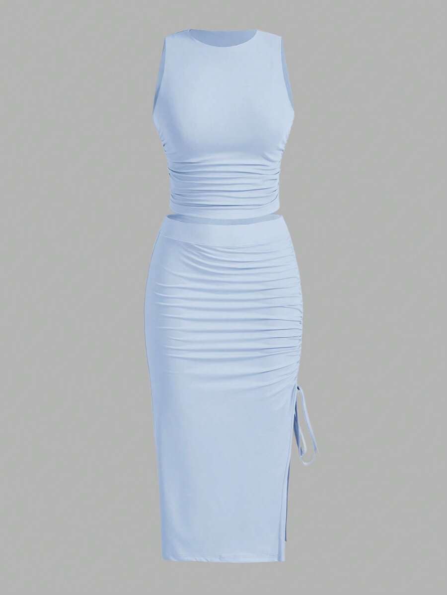 SHEIN Girlism Tween Girls Fitted Knitted Bodycon Pleated Midi Skirt 2 Pieces Set, Casual - Baby Blue - View 1