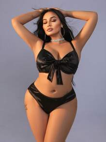 SpicyHot 2 piezas Conjunto de ropa interior con encaje, moño y tirantes en la espalda con aros, lencería sexy de talla grande