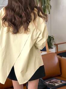 DAZY Women Mint Green Loose Fit Turndown Collar Back Slit Long Sleeve Shirt, Spring/Summer,Fall Clothes - Apricot - View 4