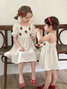 LMoss Kids Young Girls' Woven Solid Color Strawberry Print Slip Dress
